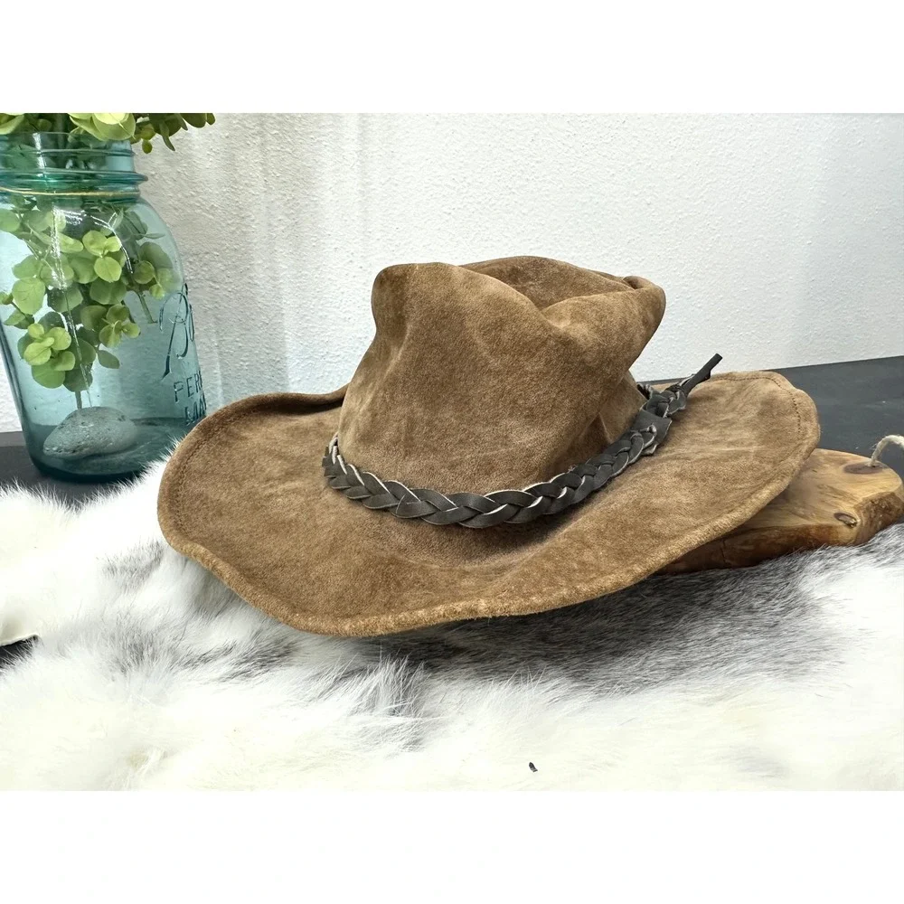 Suede leather outback hat Australia genuine leather tan braided vintage large‎